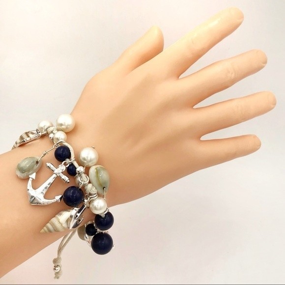Anchor & Sea Shell Charm Beaded Pull Tie Thread Bracelet - Picture 2 of 2